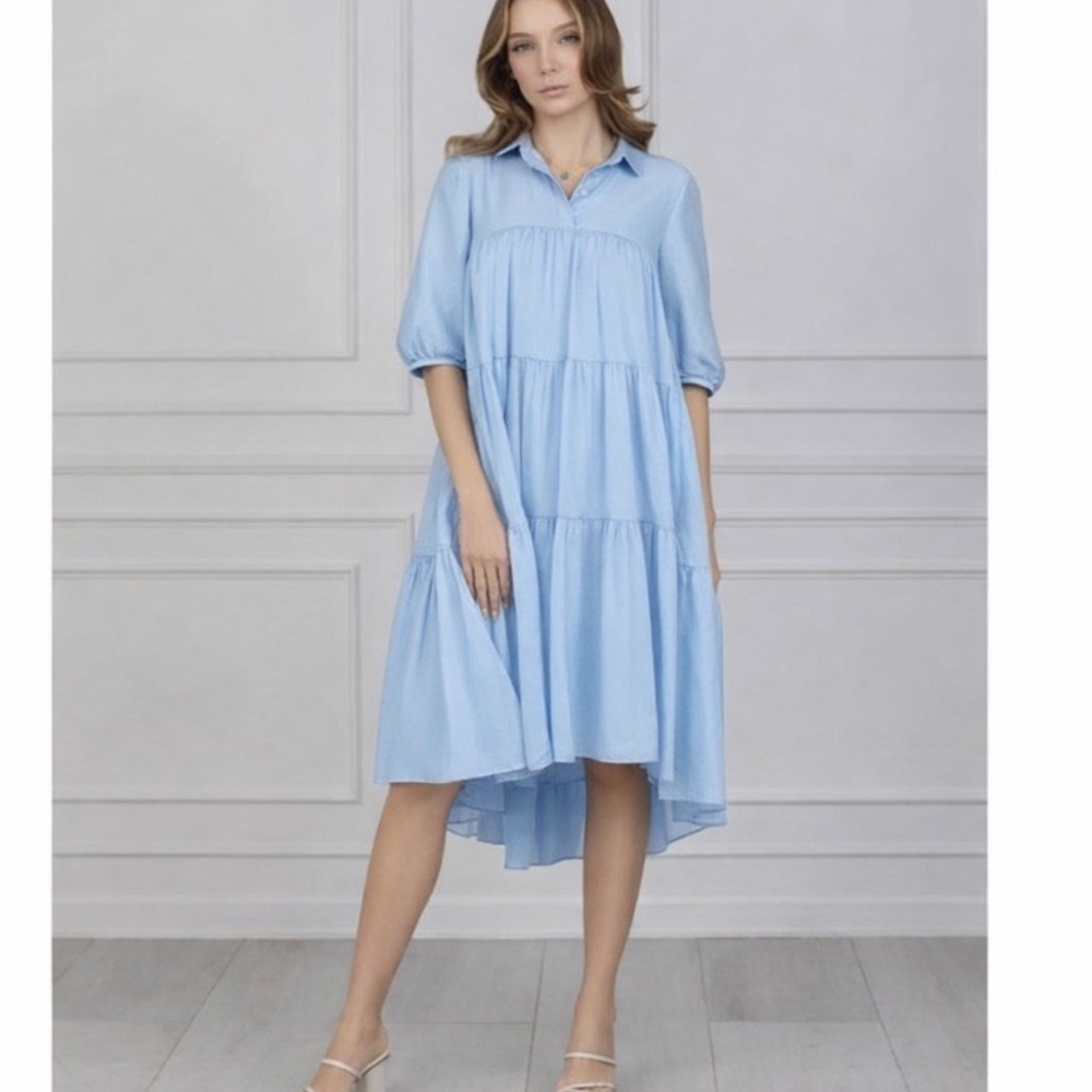 HOTTIE + LORD ANYA COTTON & SILK PUFF SLEEVE MIDI DRESS